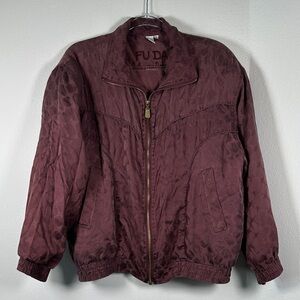 Vintage FUDA International Y2K Quilted 100% Silk Burgundy Bomber Jacket Size M